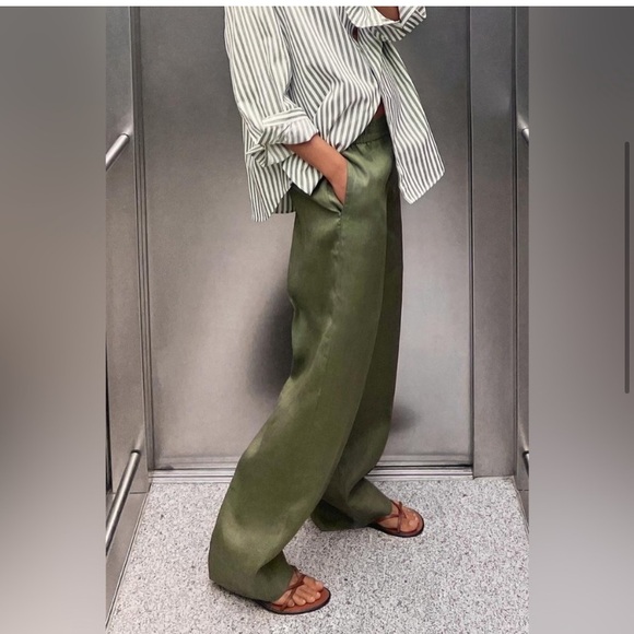 ZARA 100% LINEN STRAIGHT LEG PANTS - Picture 2 of 5